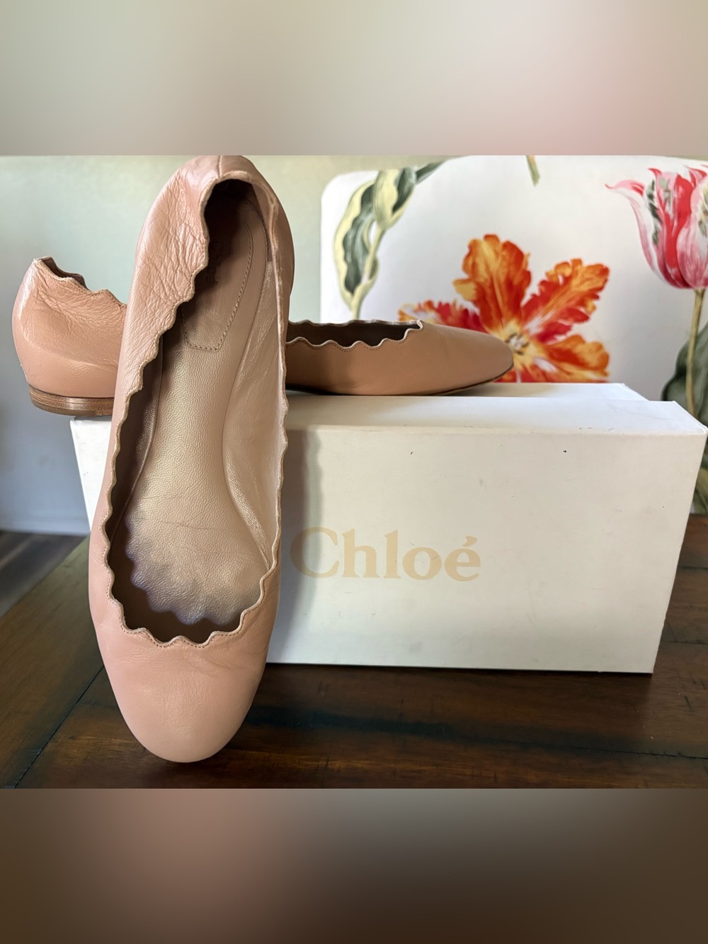 Chloé Nude Pink Scalloped Leather Ballet Flats